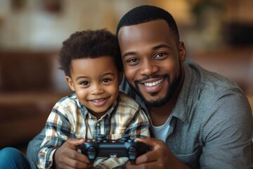 Playing video games. African american father with his young son at home, Generative AI