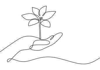 Continuous line drawing of a plant resting on a hand. Simple design for sustainability and environmental care themes.
