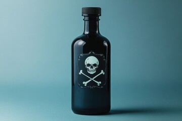 Dark glass bottle featuring skull and crossbones against a muted background