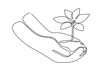 One continuous line drawing of a plant on a hand. Minimalist art for growth and eco-friendly concepts.