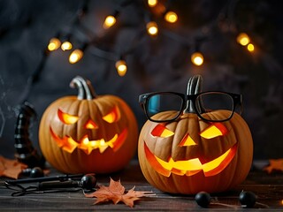 Two Halloween pumpkins wearing glasses, illuminated by a candle, creating a festive and whimsical atmosphere.