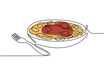 One continuous line drawing of a fork and noodles. Simplified design for pasta and food concepts.