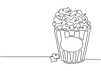 One continuous line drawing of popcorn. Minimalist representation for food and entertainment concepts.
