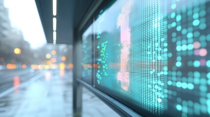 Futuristic Digital Billboard at Bus Stop with Holographic Ads in Cyberpunk Cityscape