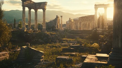 Majestic ruins of ancient Roman columns and architectural remains bathed in warm sunset light. Fallen marble pieces and weathered stones scattered across historic grounds. 