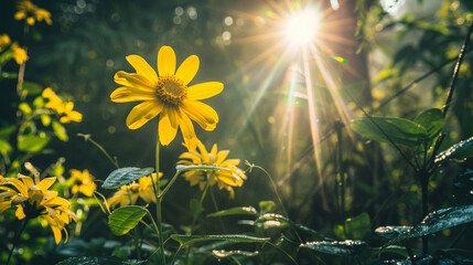 Yellow flower bloom beautifully amidst white, creating a picturesque scene with abundant greenery and a radiant sun