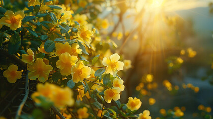 Yellow flower bloom beautifully amidst white, creating a picturesque scene with abundant greenery and a radiant sun