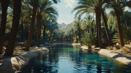 Luxurious infinity pool stretches through lush tropical garden. Towering palm trees create natural archway over crystal-clear water. Mountains visible in background. 