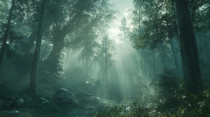 Ethereal morning mist drifts through towering evergreen trees as ethereal sunbeams pierce through the forest canopy. 