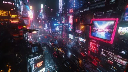 Vibrant neon-lit urban landscape with towering skyscrapers piercing through misty night air. Massive digital billboards cast multicolored reflections onto wet streets below. 