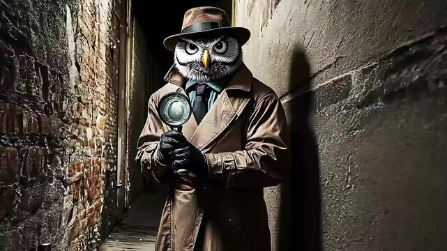 A man wearing an owl mask and fedora stands in a dark alley, holding a magnifying glass, his face obscured by shadow.