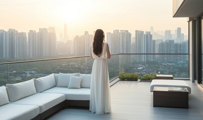 Cityscape view from modern balcony with woman overlooking serene urban sunset