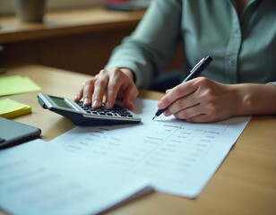 Fototapeta premium A person's hands using a calculator and writing on financial documents on a desk