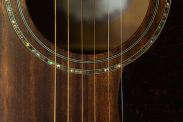 Close-Up of Guitar Strings and Wooden Body