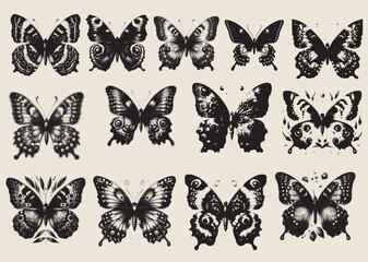 set of butterflies  gummy bear with halftone stipple effect, for grunge punk y2k collage design. Pop art style dotted crazy elements. Vector illustration for vintage emo gothic banner