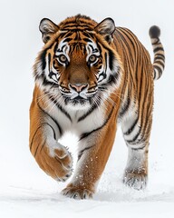 Obraz premium Powerful Bengal tiger mid-stride, stripes bold on stark white backdrop