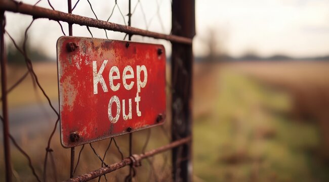 A rusted red sign with the words "Keep Out" on it, hanging from an old metal fence at one end of its frame. The background is blurred to show a field or road in front of and behind the gate.