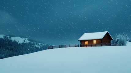 Fototapeta premium A serene winter scene featuring fluffy snow gently falling over a cozy mountain cabin.