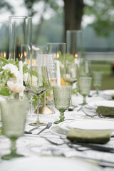 Green Wedding Day Reception Tablescape Centerpieces White Flowers
