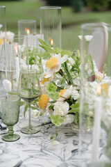 Green Wedding Day Reception Tablescape Centerpieces White Flowers