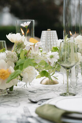 Green and White Wedding Day Reception Tablescape Centerpieces Design