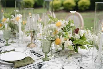 Green and White Wedding Day Reception Tablescape Centerpieces Design
