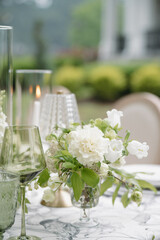 Green and White Wedding Day Reception Tablescape Centerpieces Design