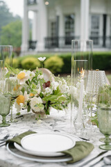 Green and White Wedding Day Reception Tablescape Centerpieces Design