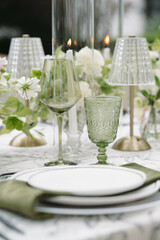 Green and White Wedding Day Reception Tablescape Centerpieces Design
