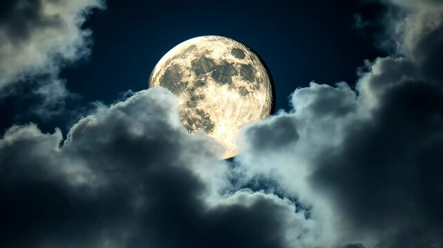 A full moon shines brightly through a layer of clouds in the night sky