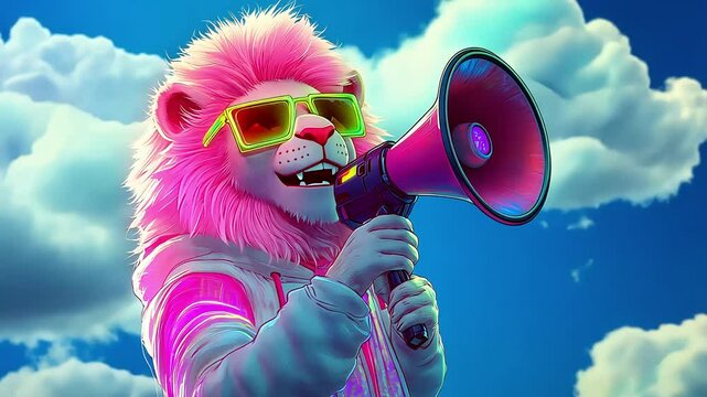 A pink lion with sunglasses holds a megaphone in front of a bright blue sky.