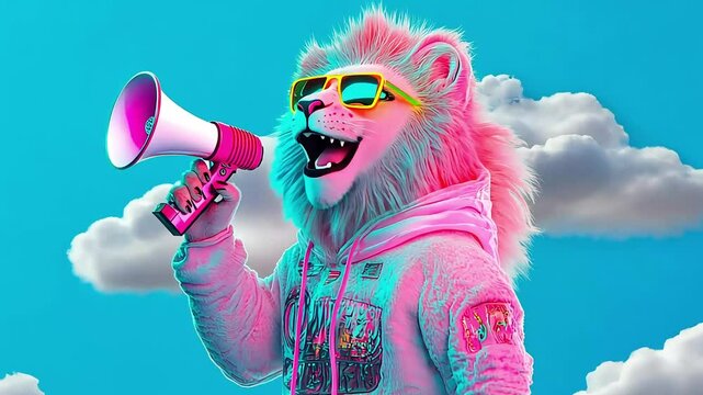 A pink lion with yellow sunglasses holds a megaphone against a blue sky with white clouds.