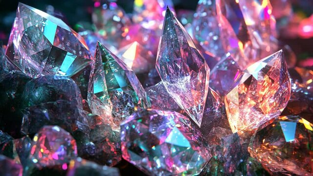 A close-up view of several sparkling crystals, with a variety of colors and textures