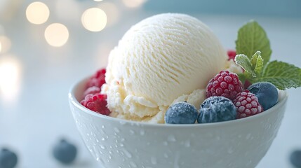 Ice cream topped with berries and mint in a bowl.