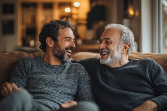 adult son and senior father talking and laughing at home, Generative AI