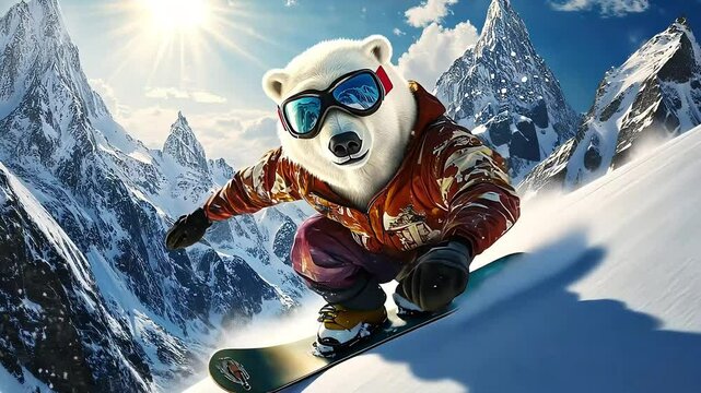 A polar bear wearing ski goggles and winter gear is snowboarding down a snowy mountain slope.