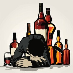 somber illustration of a man with his head resting on his arms, surrounded by multiple bottles of alcohol, symbolizing alcoholism and addiction