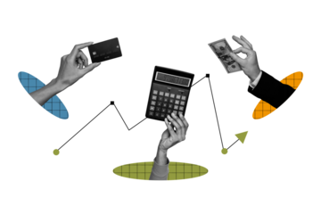 Horizontal creative collage of three people hand hold credit card calculator banknote concept of finance system on drawing background