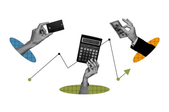 Horizontal creative collage of three people hand hold credit card calculator banknote concept of finance system on drawing background