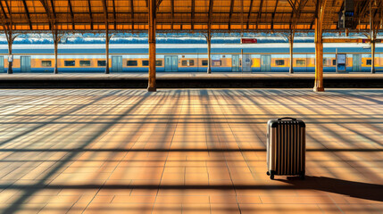 serene empty train station features lone suitcase on platform, bathed in warm sunlight and long shadows, evoking sense of solitude and anticipation