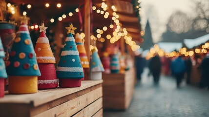 Obraz premium A charming winter street market featuring wooden stalls adorned with colorful Christmas tree decorations and twinkling lights.