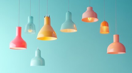 Obraz premium A collection of vibrant 3D hanging lamps casting a soft glow on a light blue background, showcasing modern lighting designs for advertising or interior decor.