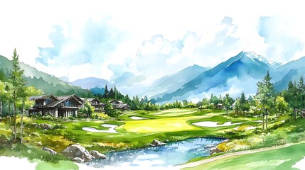 Watercolor painting of a golf course with a mountain backdrop and a river winding through it.