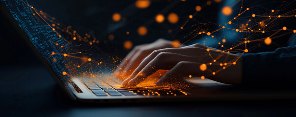 Man typing on laptop, data flow background, network business. AI generation.