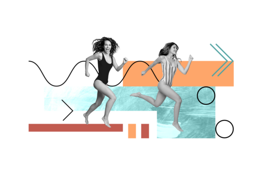 Magazine image collage template of beautiful girls friends fast running on sand coast summer rest concept - Powered by Adobe