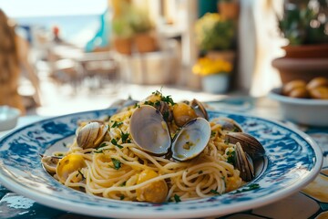 Zoom-in shot of spaghetti alle vongole, vibrant clams and parsley sprinkled on top, resting on a beautiful Sicilian tiled table, with hints of an old-world kitchen softly blurred behind