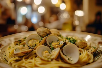 Zoom-in shot of spaghetti alle vongole, vibrant clams and parsley sprinkled on top, resting on a beautiful Sicilian tiled table, with hints of an old-world kitchen softly blurred behind