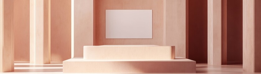 A minimalistic interior space featuring a raised platform and a blank wall.