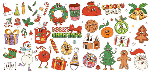Retro cartoon groovy Christmas characters and winter holiday funky emoji, vector 70s art icons. Retro cartoon groovy Santa and gifts, quirky snowman or psychedelic Christmas tree decoration characters