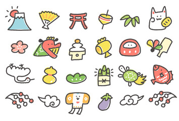 かわいい手描きの日本の縁起物の線画アイコンセット